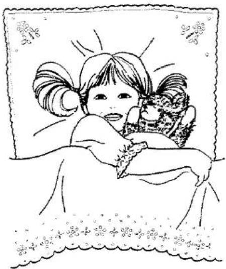 Illustration d'une fille tenant un enfant dans un lit, encadrée de bordures décoratives (aucun texte ni symbole)