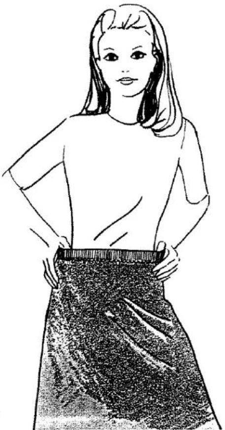 Dessin au trait d'une femme portant une jupe fluide et un haut à manches courtes, les mains sur les hanches (sans texte ni symboles).