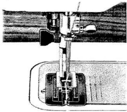 Schéma mécanique d'une machine à coudre montrant l'aiguille et les composants de la base (sans texte ni étiquettes)