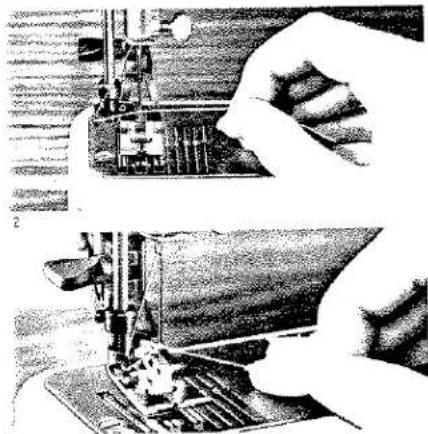 Deux images en noir et blanc montrant des mains actionnant des machines à coudre, sans texte ni symboles visibles.