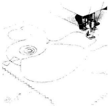 Dessin au trait d'une aiguille de machine à coudre piquant des pièces de tissu (sans texte ni symboles)