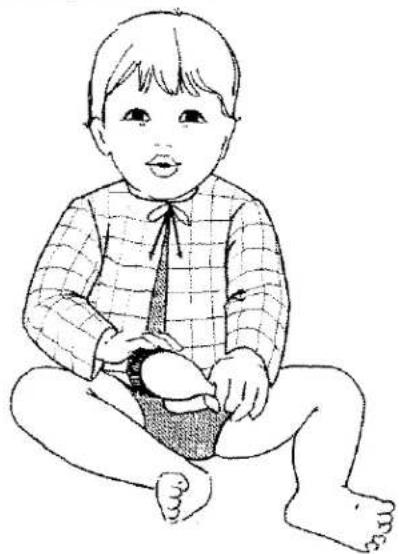 Dessin au trait d'un enfant assis en tailleur, tenant un objet (aucun texte ni symbole)