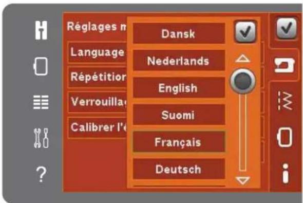 Réglages machine Language Répétition audio Verrouillage écran Calibrer l'écran tactile Dansk Nederlands English Suomi Français Deutsch