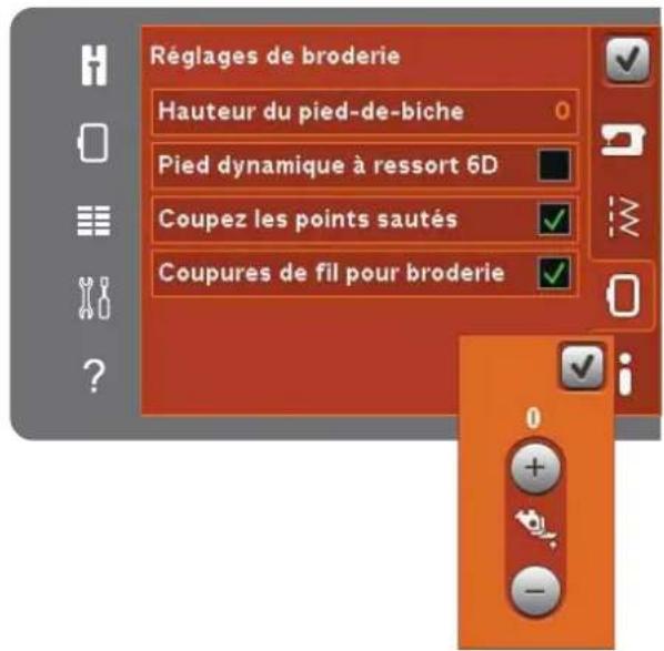 Réglages de broderie Hauteur du pied-de-biche Pied dynamique à ressort 6D Coupez les points sautés Coupures de fil pour broderie