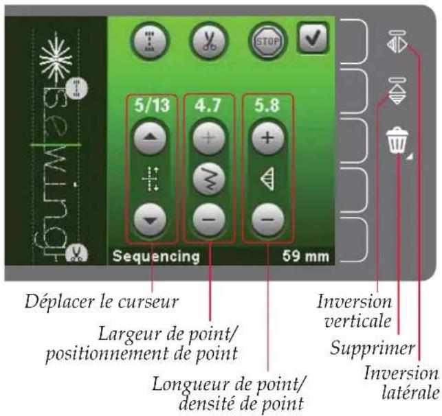 5/13 4.7 5.8. Sequencing 59 mm. Déplacer le curseur. Largeur de point/positionnement de point. Longueur de point/densité de point. Inversion verticale. Supprimer. Inversion latérale.