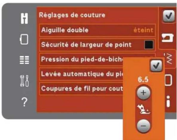 Réglages de couture Aiguille double éteint Sécurité de largeur de point Pression du pied-de-biche Levée automatique du pied Coupures de fil pour couture 6.5