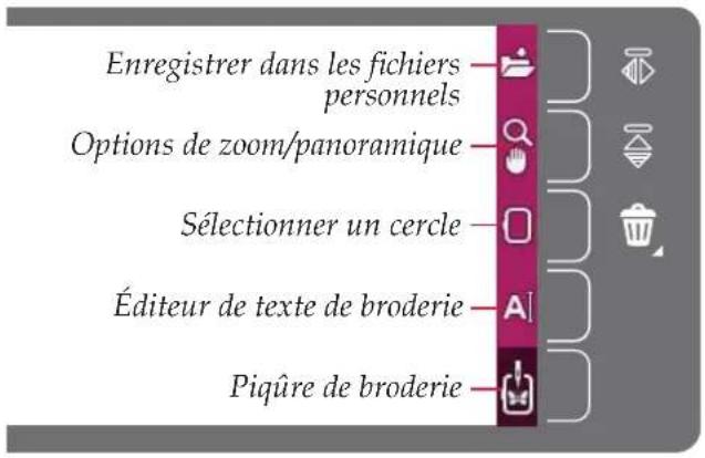 Enregistrer dans les fichiers personnels. Options de zoom/panoramique. Sélectionner un cercle. Éditeur de texte de broderie. Piqûre de broderie.