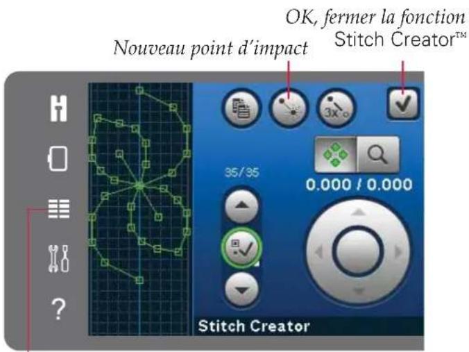 Nouveau point d'impact. OK, fermer la fonction Stitch Creator™. 35/35 0.000 / 0.000 Stitch Creator