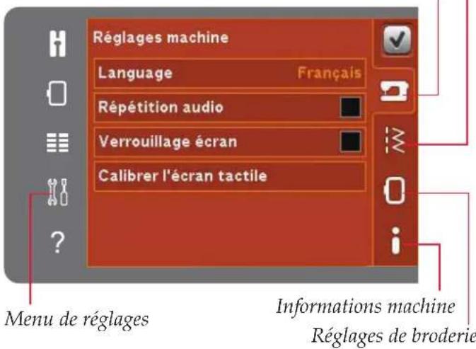 Réglages machine Language Français Répétition audio Verrouillage écran Calibrer l'écran tactile Menu de réglages Informations machine Réglages de broderie