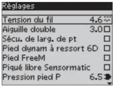 Réglages : Tension du fil 4.6, Aiguille double 3.0, Sécu. de larg. de pt, Pied dynam à ressort 6D, Pied FreeM, Piqué libre Sensormatic, Pression pied P 6.5.
