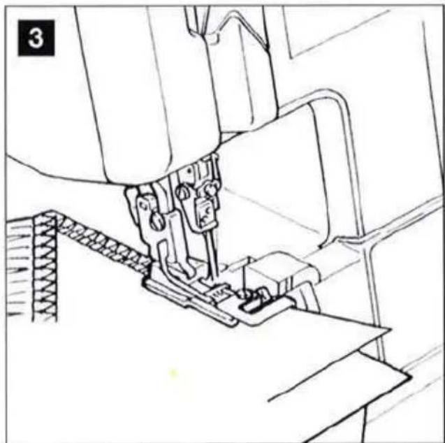 Dessin au trait d'une aiguille de machine à coudre piquant un tissu (sans texte ni symboles)