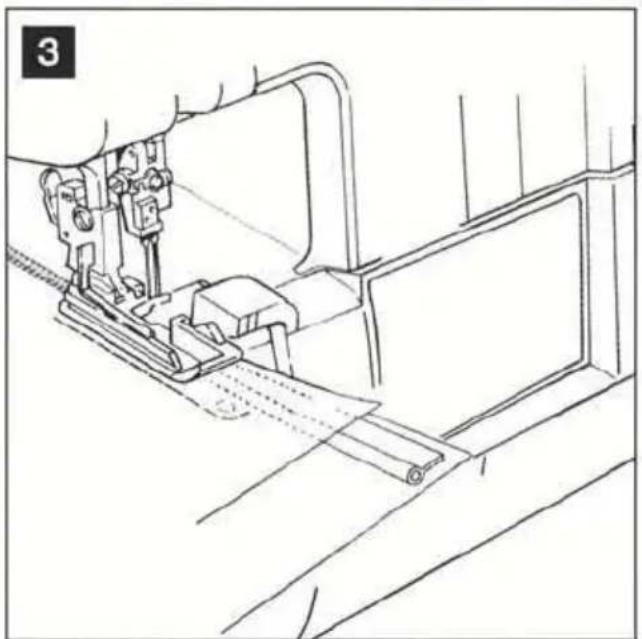 Dessin au trait d'une aiguille de machine à coudre piquant un tissu, sans texte ni symboles.