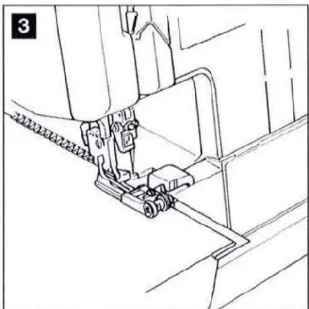Dessin au trait d'une aiguille de machine à coudre piquant un tissu (sans texte ni symboles)