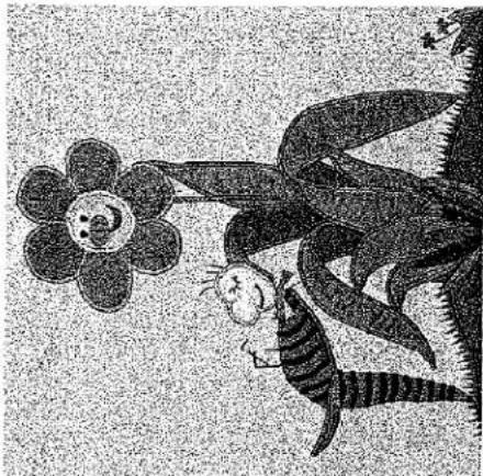 Illustration en noir et blanc d'une fleur souriante avec une petite figure assise à côté, entourée d'herbe et de petits animaux (sans texte ni symboles).