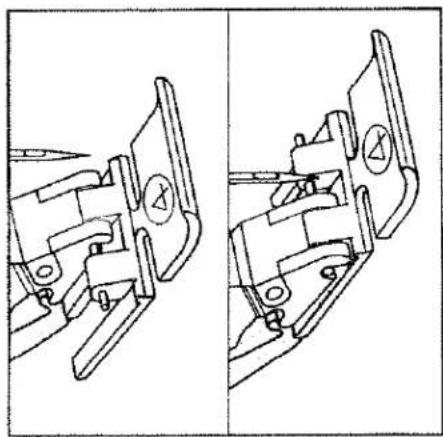 Dessin technique au trait montrant deux vues de la base d'une machine à coudre avec des pinces et une poignée (aucun texte ou symbole)