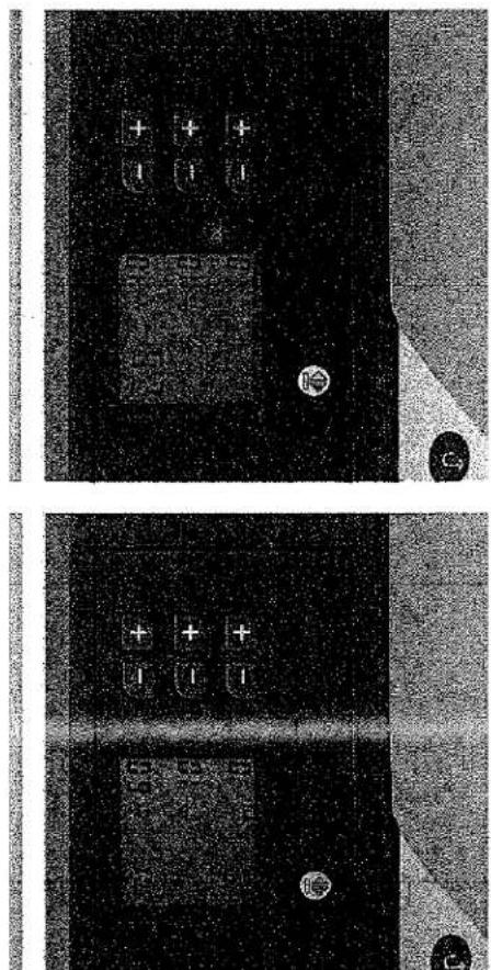 Deux photos en noir et blanc identiques montrant un appareil avec plusieurs boutons et une ligne verticale, sans texte ni symbole visible.
