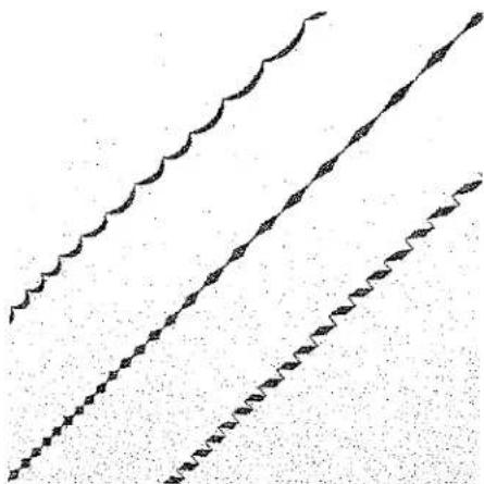 Trois lignes ondulées abstraites avec des extrémités en losange, sans texte ni symboles.