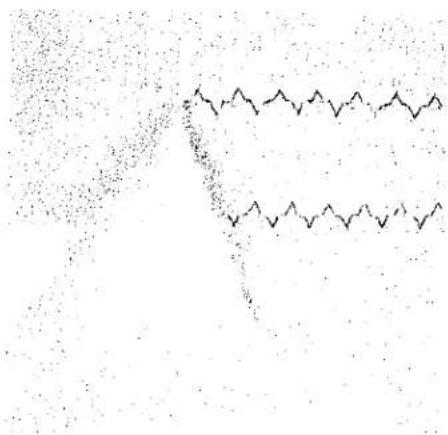 Fragment de texte scanné avec des caractères denses et illisibles et un motif de lignes ondulées