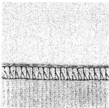 Image recadrée montrant une ligne verticale de texte avec des caractères denses et illisibles, probablement issus d'un document ou d'une étiquette.