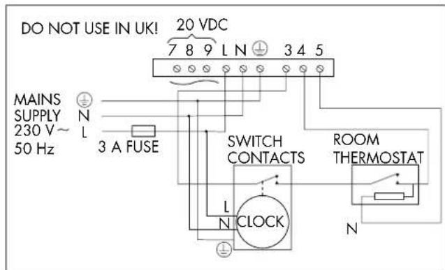 DO NOT USE IN UK! 20 VDC 7 8 9 L N 3 4 5 MAINS SUPPLY 230 V~ 50 Hz N L 3 A FUSE SWITCH CONTACTS ROOM THERMOSTAT L N CLOCK N