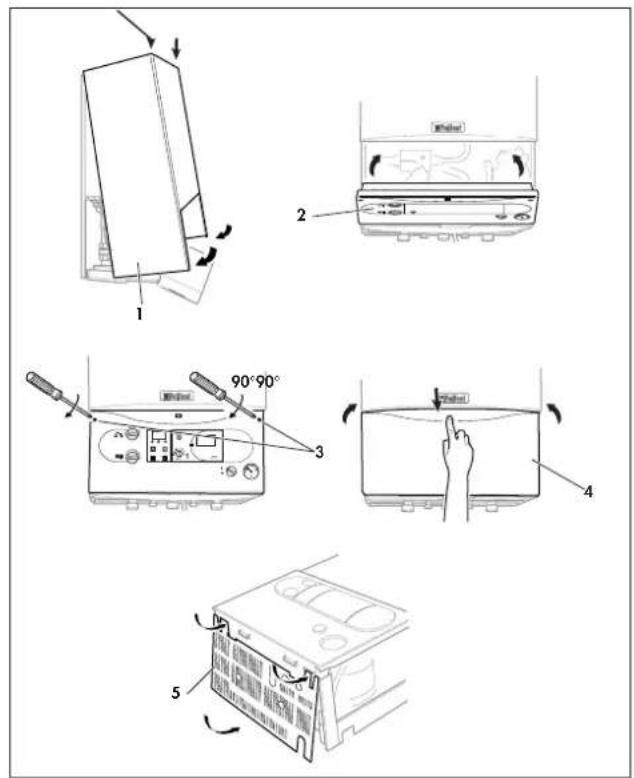 Technical diagram showing five steps of appliance cooling system with labeled components and directional arrows.
