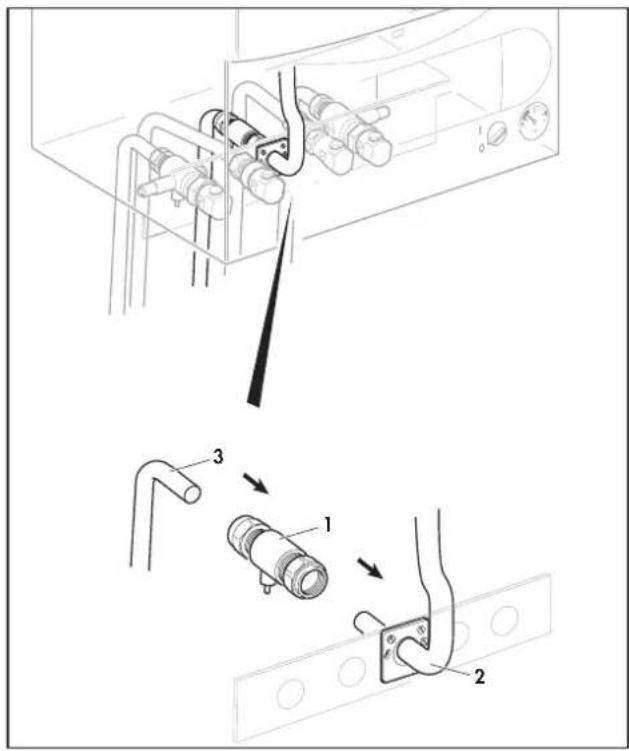 Technical diagram showing pipe installation and component assembly with numbered parts.
