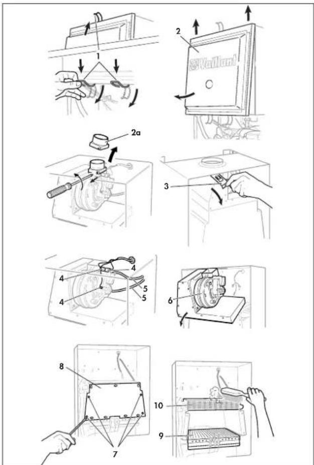 Technical diagram showing 10 steps of a mechanical assembly with labeled components and directional arrows indicating process flow.