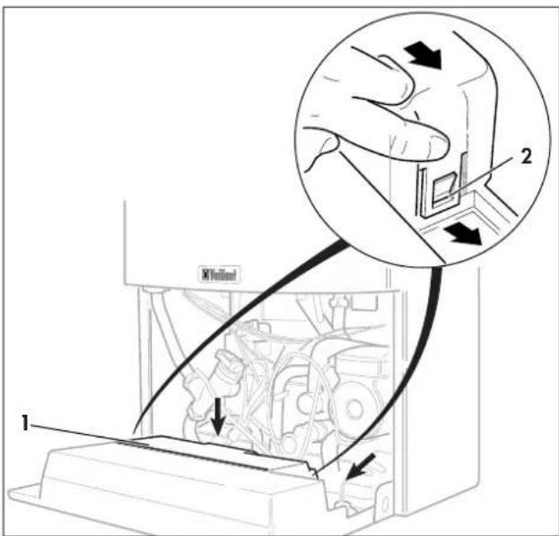 Diagram showing hand operating a device with labeled parts and directional arrows indicating movement or operation.