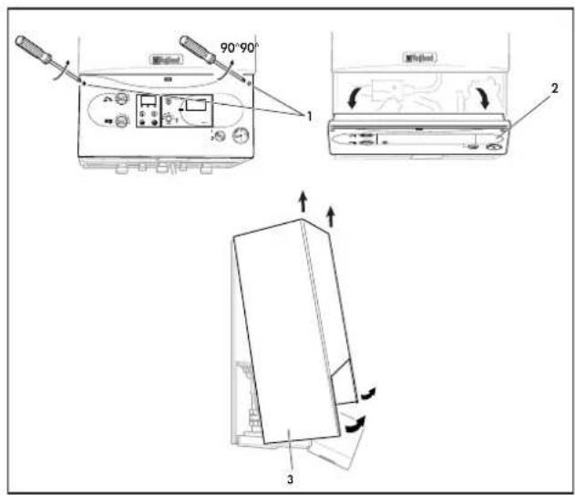Technical diagram showing three views of a device with labeled components and directional arrows indicating motion or movement.