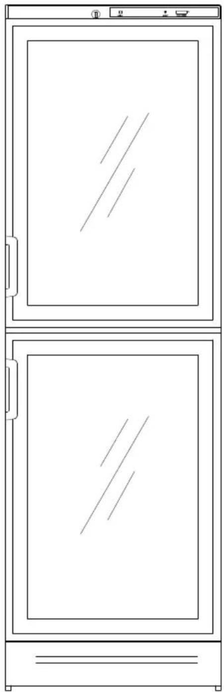 Line drawing of a double-door refrigerator with front panel and side door.