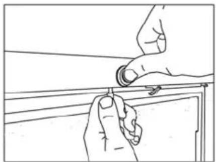 Line drawing of two hands adjusting a component on a metal bracket (no text or symbols)