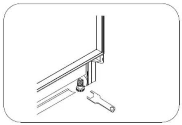Technical line drawing of a mechanical assembly with a wrench and workpiece (no text or symbols)