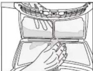 Line drawing of a hand cleaning a window with a tray (no text or symbols).