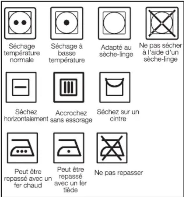 Séchage à température normale Séchage à basse température Adapté au sèche-linge Ne pas sécher à l'aide d'un sèche-linge Sécher horizontalement Accrocher sans essorage Sécher sur un cintre Peut être repassé avec un fer chaud Peut être repassé avec un fer tiède Ne pas repasser