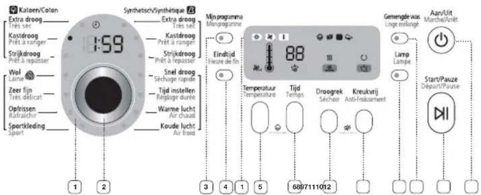 Katoen/Coton, Extra droog/Très sec, Kastdroog/Prêt à ranger, Strijkdroog/Prêt à repasser, Wol/Lane, Zeer fijn/Très délicat, Opfrissen/Rafraîchir, Sportkleding/Sport, 1:59, Synthetsch/Synthétique, Extra droog/Très sec, Kastdroog/Prêt à ranger, Strijkdroog/Prêt à repasser, Snel droog/Séchage rapide, T…