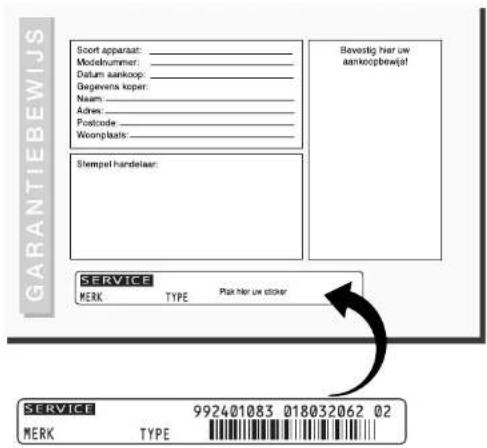 GARANTIEBEWIJS Soort apparaat: ________ Modelnummer: ________ Datum aankoop: ________ Gegevena koper: ________ Naam: ________ Adres: ________ Postcode: ________ Woopblats: ________ Stempel handelaar: Bevestig hier uw aankoopbewijst! SERVICE MERK TYPE Pick hier uw sticker SERVICE 992401083 018032062 02 MERK TYPE