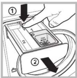 Diagram showing a hand inserting a device into a device with labeled parts and arrows indicating direction of movement.
