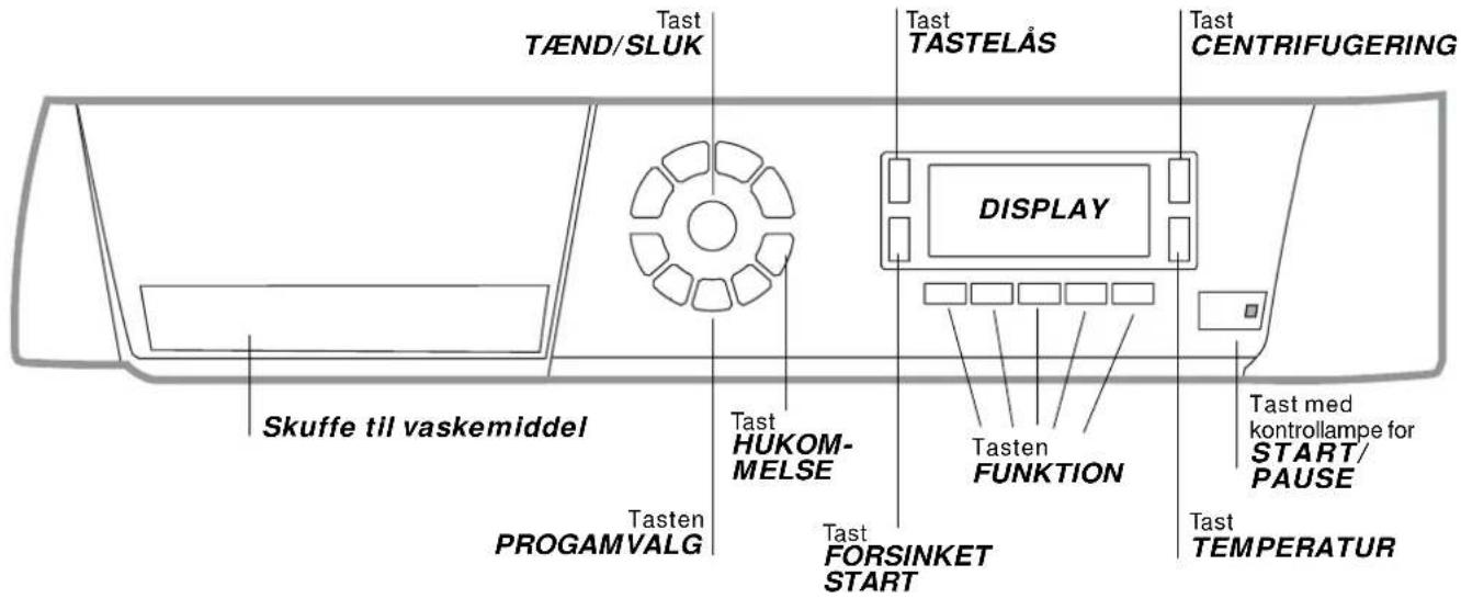 Tast Tænd/SLUK Tast TASTELÅS Tast CENTRIFUGERING DISPLAY Skuffe til vaskemiddel Tast HUKOM- MELSE Tasten FUNKTION Tast med kontrollampe for START/ PAUSE Tast PROGAM VALG TastEN FORSINKET START Tast TEMPERATUR