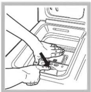 Illustration of hands installing or adjusting a component inside a storage unit (no text or symbols visible).