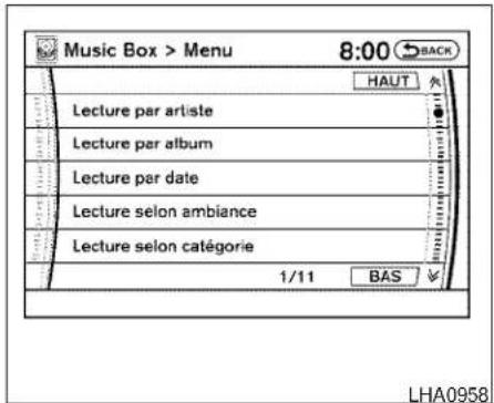 Music Box > Menu 8:00 SBACK HAUT Lecture par artiste Lecture par album Lecture par date Lecture selon ambiance Lecture selon catégorie 1/11 BAS LHA0958