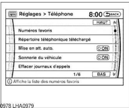 Réglages > Téléphone 8:00 BACK HAUT Numéros favors Répertoire téléphonique téléchargé Mise en att. auto. ON Sonnerie du véhicule ON Effacer journaux d'appels 1/6 BAS Affiche la liste des numéros favoris