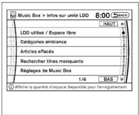 Music Box > Infos sur unité LDD 8:00 LDD utilise / Espace libre Catégories ambiance Articles effacés Rechercher titres manquants Réglages de Music Box 1/6 BAS Affiche la quantité d'espace disponible pour l'enregistrement