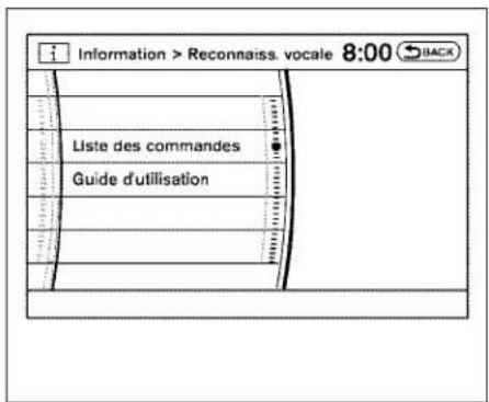 Information > Reconnaiss. vocale 8:00 BACK Liste des commandes Guide d'utilisation