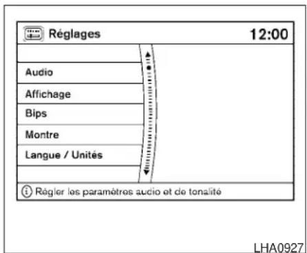 Réglages 12:00 Audio Affichage Bips Montre Langue / Unités Régler les paramètres audio et de tonalité LHA0927