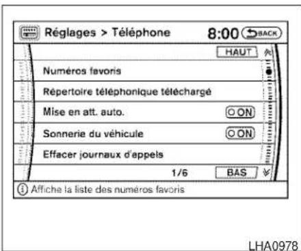 Réglages > Téléphone 8:00 BACK HAUT Numéros favors Répertoire téléphonique téléchargé Mise en att. auto. ON Sonnerie du véhicule ON Effacer journaux d'appels 1/6 BAS Affiche la liste des numéros favoris LHA0978