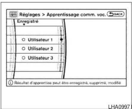 Réglages > Apprentissage comm. voc. Enregistré Utilisateur 1 Utilisateur 2 Utilisateur 3 Résultat d'apprentiss peut être enregistré, supprimé, modifié LHA0997