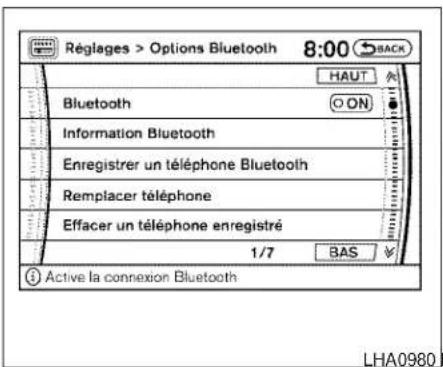Réglages > Options Bluetooth 8:00 BACK HAUT Bluetooth ON Information Bluetooth Enregistrer un téléphone Bluetooth Remplacer téléphone Effacer un téléphone enregistré 1/7 BAS Active la connexion Bluetooth LHA0980