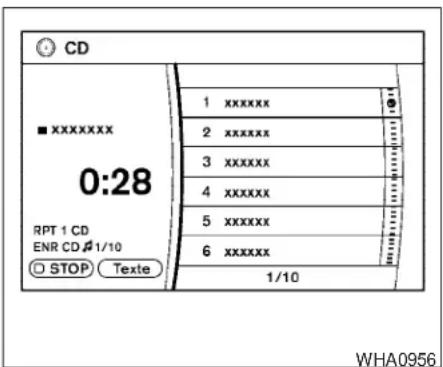 CD ■ XXXXXXX 0:28 RPT 1 CD ENR CD #1/10 ○ STOP Texte 1 xxxxxx 2 xxxxxx 3 xxxxxx 4 xxxxxx 5 xxxxxx 6 xxxxxx 1/10 WHA0956