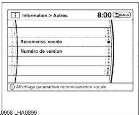 Information > Autres 8:00 BACK Reconnaiss. vocale Numéro de version Affichage paramètres reconnaissance vocale