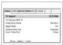 VIDEO HUNT MILKID REMAKER SP LEVEL TV Aspect 15:9 Video TV System 16.1.71 Slide alone None Angles On Components Out Interface Scored Video Out Video Movie - Select : Enter